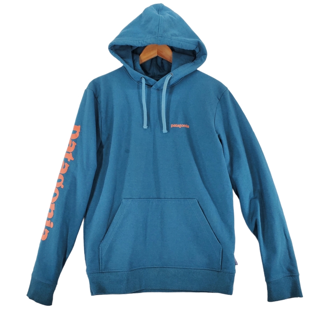 Patagonia Uprisal Hoodie Sweatshirt Men M Regular Fit Teal Pullover Orange Logo - Picture 5 of 14